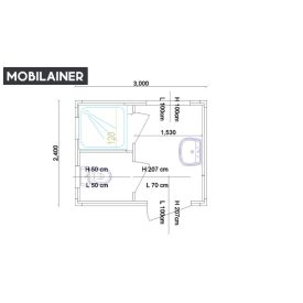   Štandardný 10' Sanitárny Kontajner 300x240: umývadlo + sprcha + WC + bojler Ariston